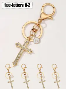 Personalized Alloy Diamond Cross Keychain Pendant, Letter A-Z, Simple Design, Electroplated, Bag Charm, Key Chain, Fashion Accessory