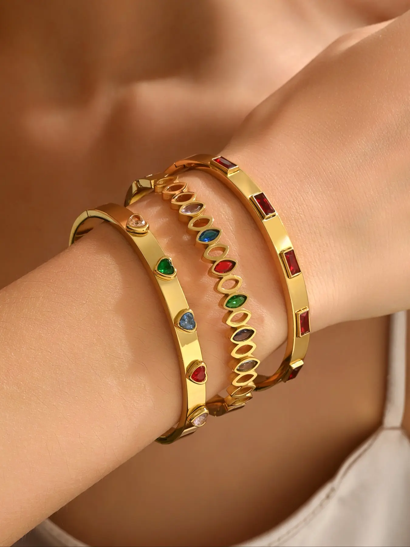Rainbow Love Heart Colorful Diamond Bracelet Set, Multilayered bangles, Waterproof and non-fading stainless steel stacking design Multiple colored gemstones + heart/square shaped diamond settings. Eye-catching, and a light luxury, unique accessory