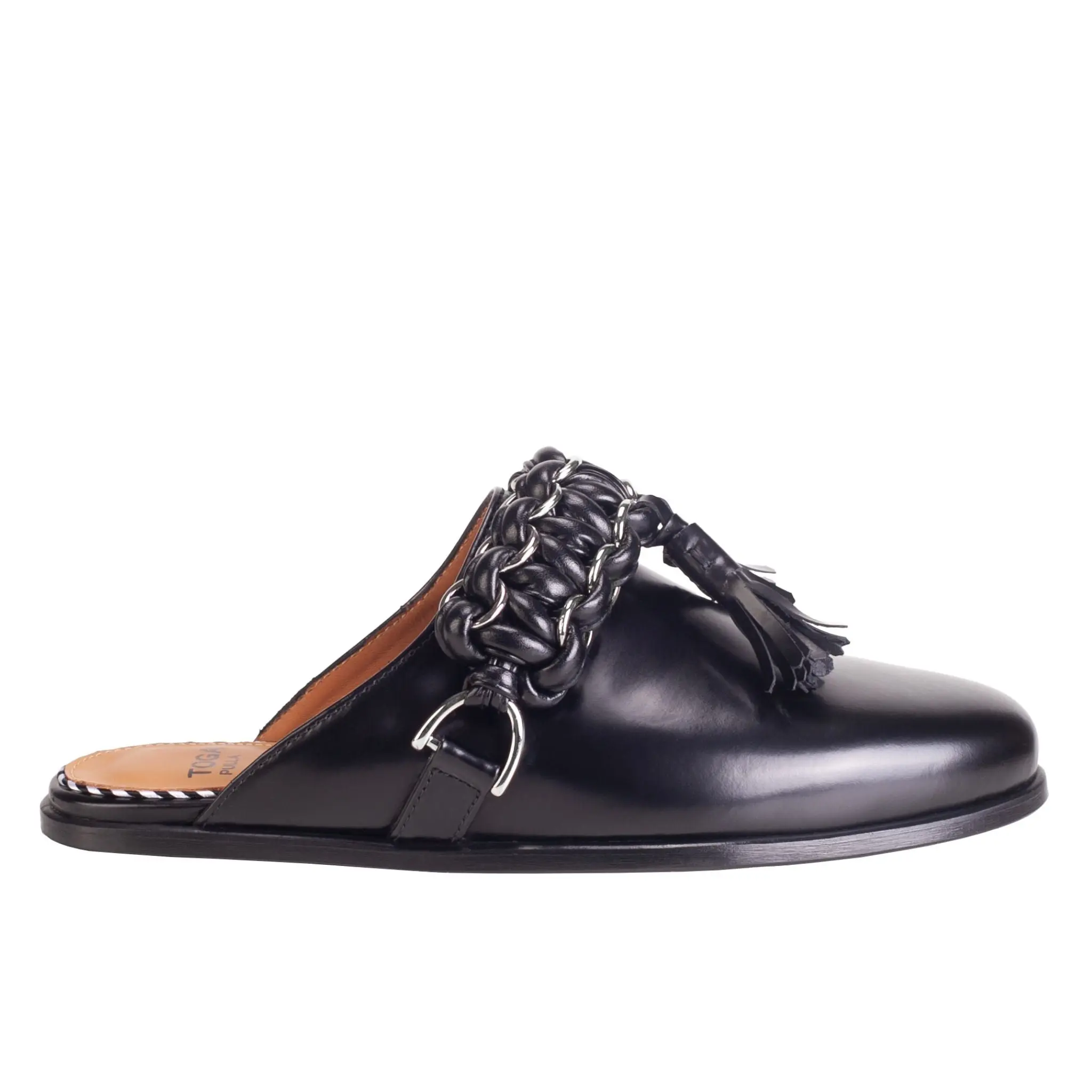 Chain Tassel Leather Slide Loafers – Black Polido