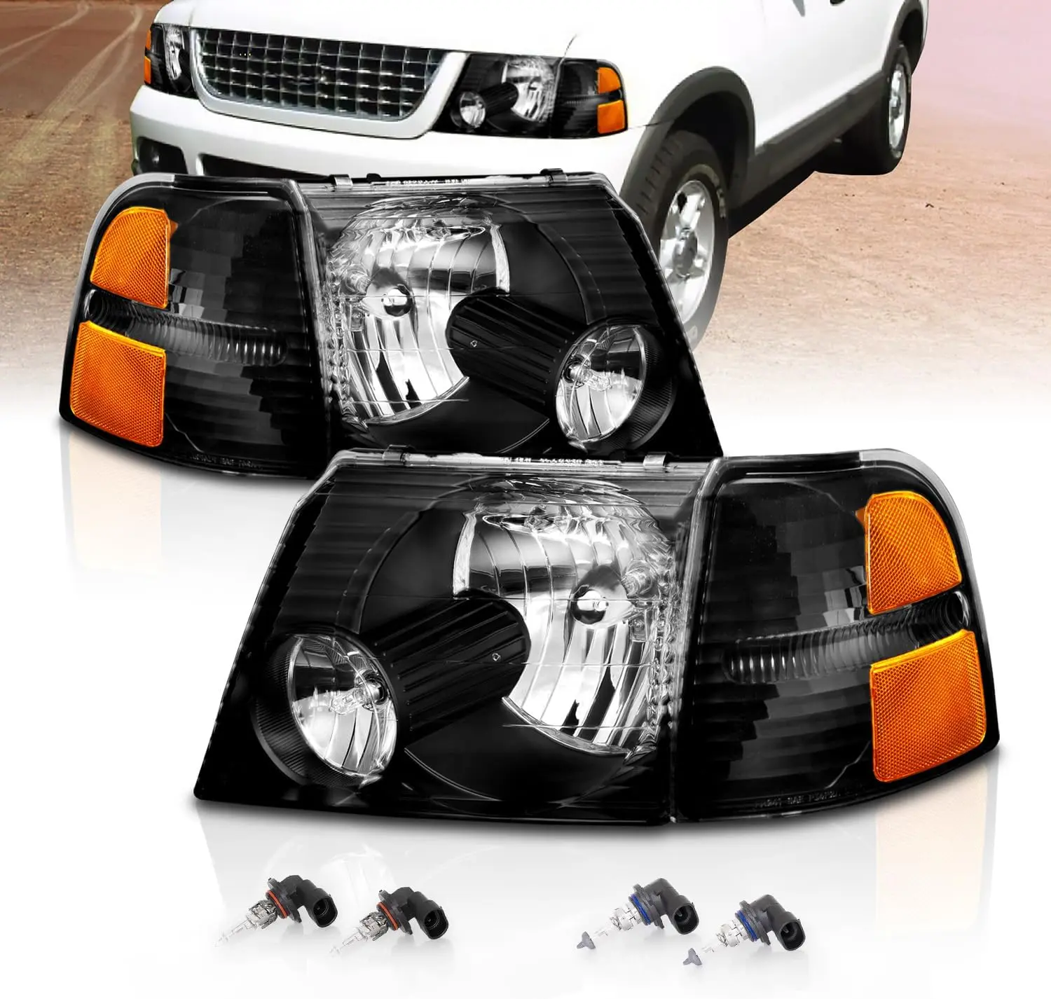 AmeriLite For 2002-2005 Ford Explorer Black Headlights w/Amber Corner Light Set - Passenger and Driver Side