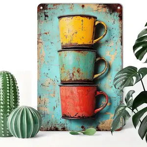 【20*30cm/8*12inch】2D Flat - 1pc Iron Decorative Painting | Stacked Rustic Vintage Metal Weathered Colorful Cups Perfect For Home Or Garden Decor Hanging Plaque Metal Sign Wall Decor