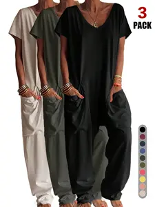 Women's Jumpsuit with V-Neck & Short Sleeves, Full-Length Design, Large Pockets, Casual Comfortable Baggy Garment for Everyday Wear