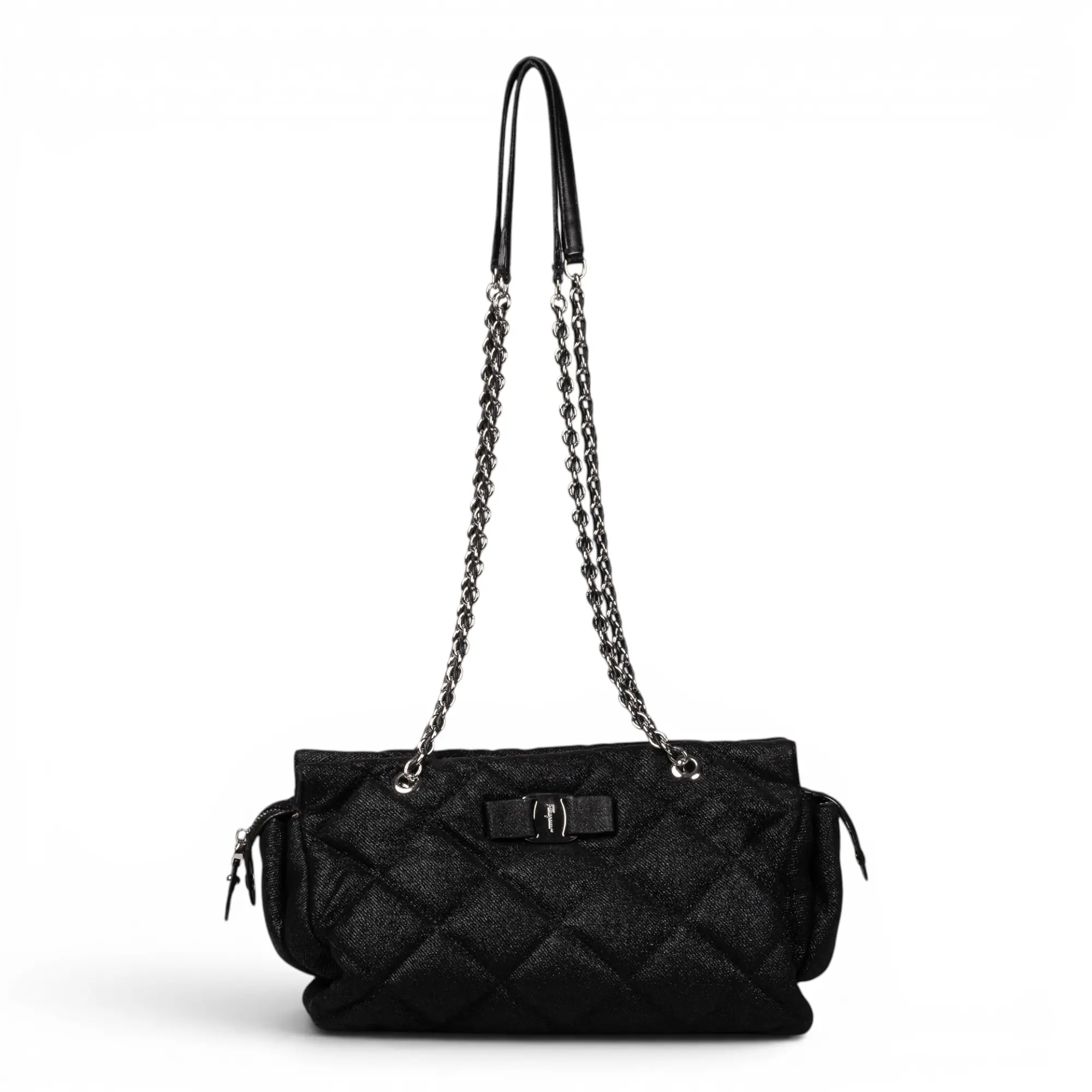 Pre-owned SALVATORE FERRAGAMO Leather Shoulder Bags Ferragamo Vara Chain Black E26070023