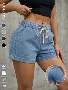 1 Pair Women's Elastic Waist Drawstring Denim Shorts, Comfortable Cotton Material, Slimming Casual Retro Style, Daily Wear, Leisure, Travel