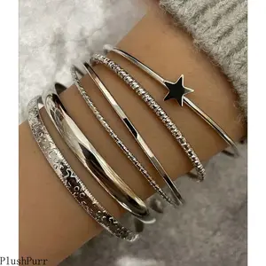 Set of 6 Women's Vintage Star Bracelets Stackable Style Casual Party Jewelry Minimalist Layered Accessories Durable Zinc Alloy All-Season Wear Perfect Gift Choice summervibes