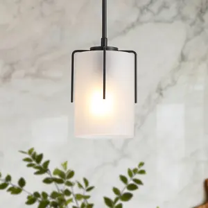 Modern Adjustable Cylindrical Pendant Light, Milky White Frosted Glass & Black Metal Frame, E26 Base, Compatible with Flat/Vaulted/Sloped Ceilings, Ideal for Kitchen Island, Dining Room, Bedroom    RR