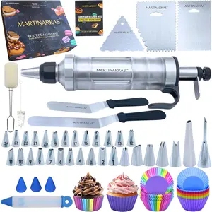 Cake decorating kit 159 baking supplies icing gun with 30 piping tips frosting piping kit for beginners or professionals cupcake liners 2 spatulas 3 scrapers silicone cups more