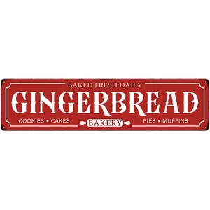 Gingerbread Bakery Metal Sign Cookies Cakes Pies Muffins Christmas Vintage Tin Hanging Plaque for Home Kitchen Patio Office Cafe Coffee Bar Front Door Wall Decor Novelty Gift 16" x 4"