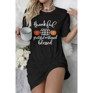 Thankful Grateful Blessed Pumpkin Print Nightdress, Black Fall Sleep Shirt for Women, Soft Long Lounge Dress for Thanksgiving