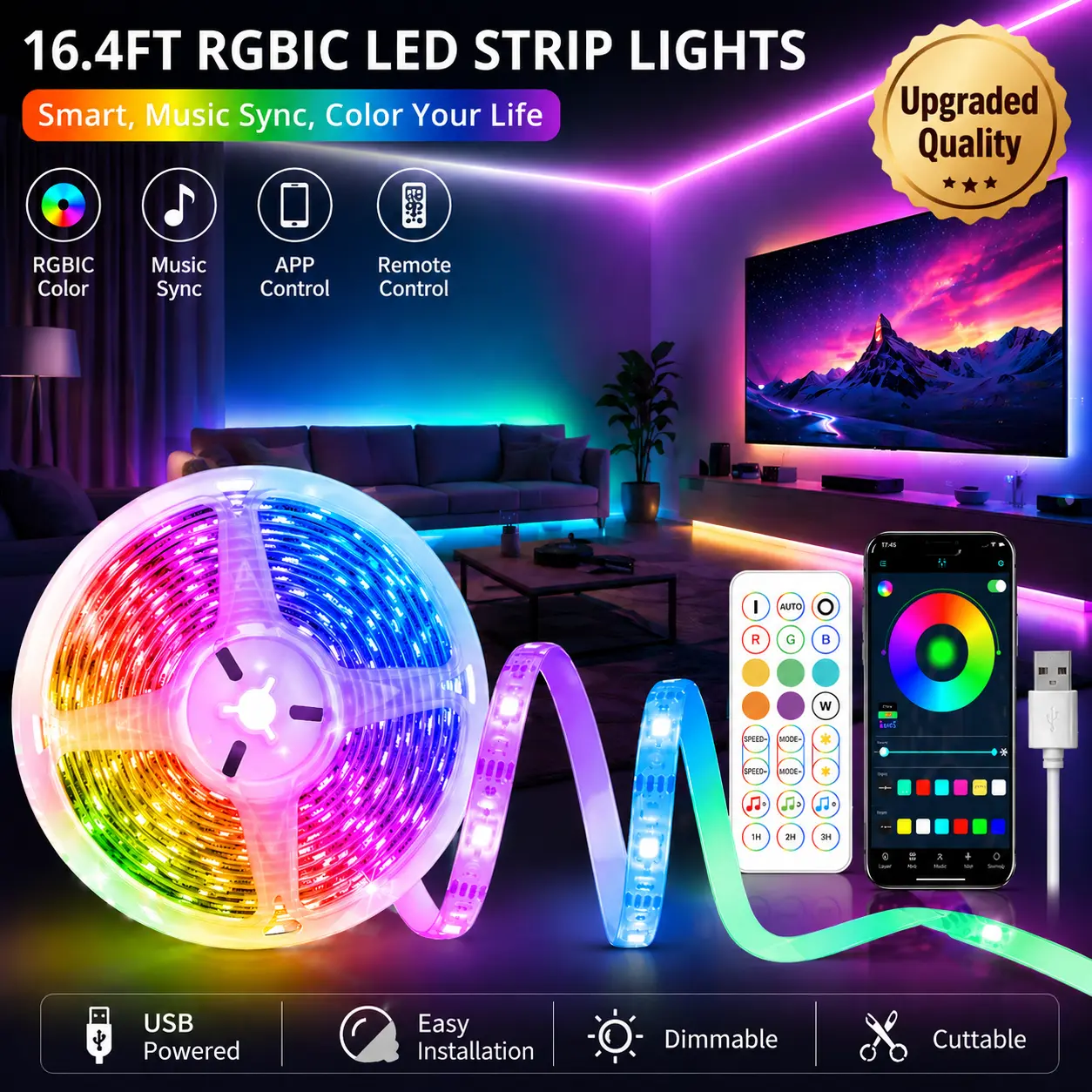 Upgraded Quality RGBIC LED Strip Lights with App & Remote, Smart Music Sync Color Changing Lights, USB LED Light Strips for Bedroom, TV Backlight, Gaming Room, Party, Camping & Outdoor Decor, 16.4FT Home Aesthetic Lighting