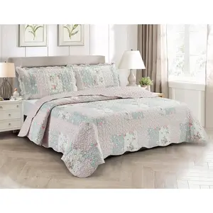 Rose and Sage Set, 3-Piece Bedding Sets with 2 King Pillow Shams, Washable and Reversible Bedspread, Soft Lightweight Coverlet, All-Season, King/Cal King, Light Pink Green