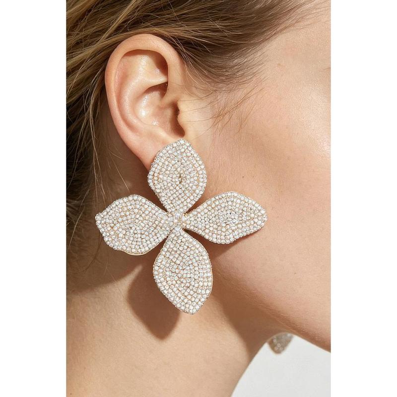 Elara Women's Stone Beaded Flower Earrings, Sculptural Petal Motif with Faceted Bead Accents Post Earrings, Bohemian Chic Statement Jewelry for Wedding Guest Date Night Summer Resort Aesthetic