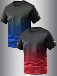 Men's Gradient Color Print Round Neck Tee, Regular Fit Casual Sporty Short Sleeve T-shirt, Men's Summer Top for Daily Wear