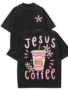 1 PCS "Retro Religious-Coffee 'Jesus And Coffee' Pink Handwritten Letters, Pink Coffee Cup & Floral Accents" Print (Black/Grey Dual-Color) T-Shirt, Vintage Distressed Aesthetics, Spring/Summer Men Women Clothes good  graphic  tees vintage  clothing