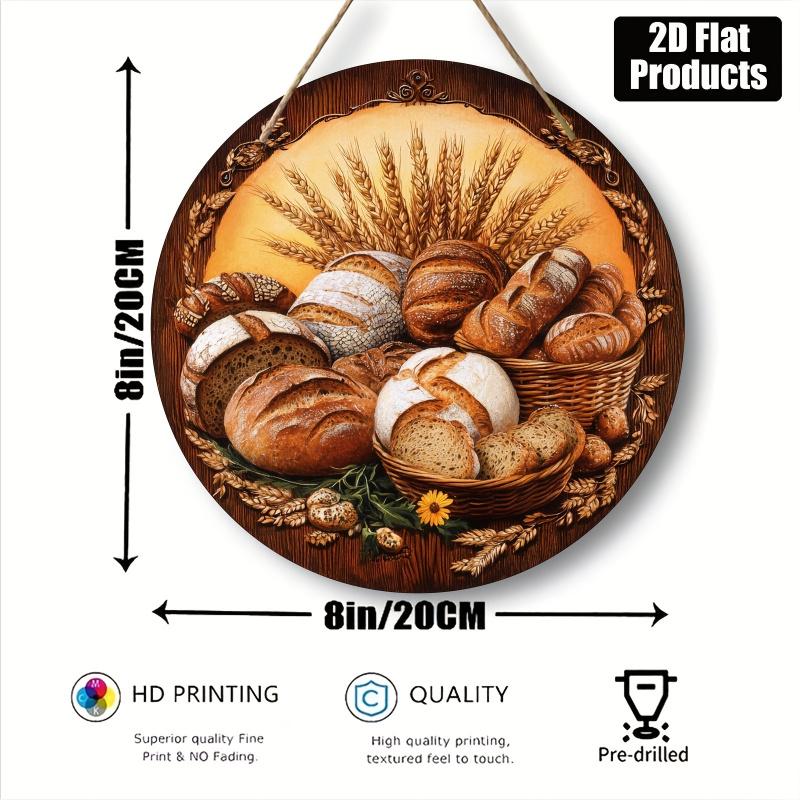 Round Wooden Hanging Decor, Bread & Wheat Pattern Hanging Swag, Wall Art Decor for Home Kitchen Coffee Shop Office, Hangable