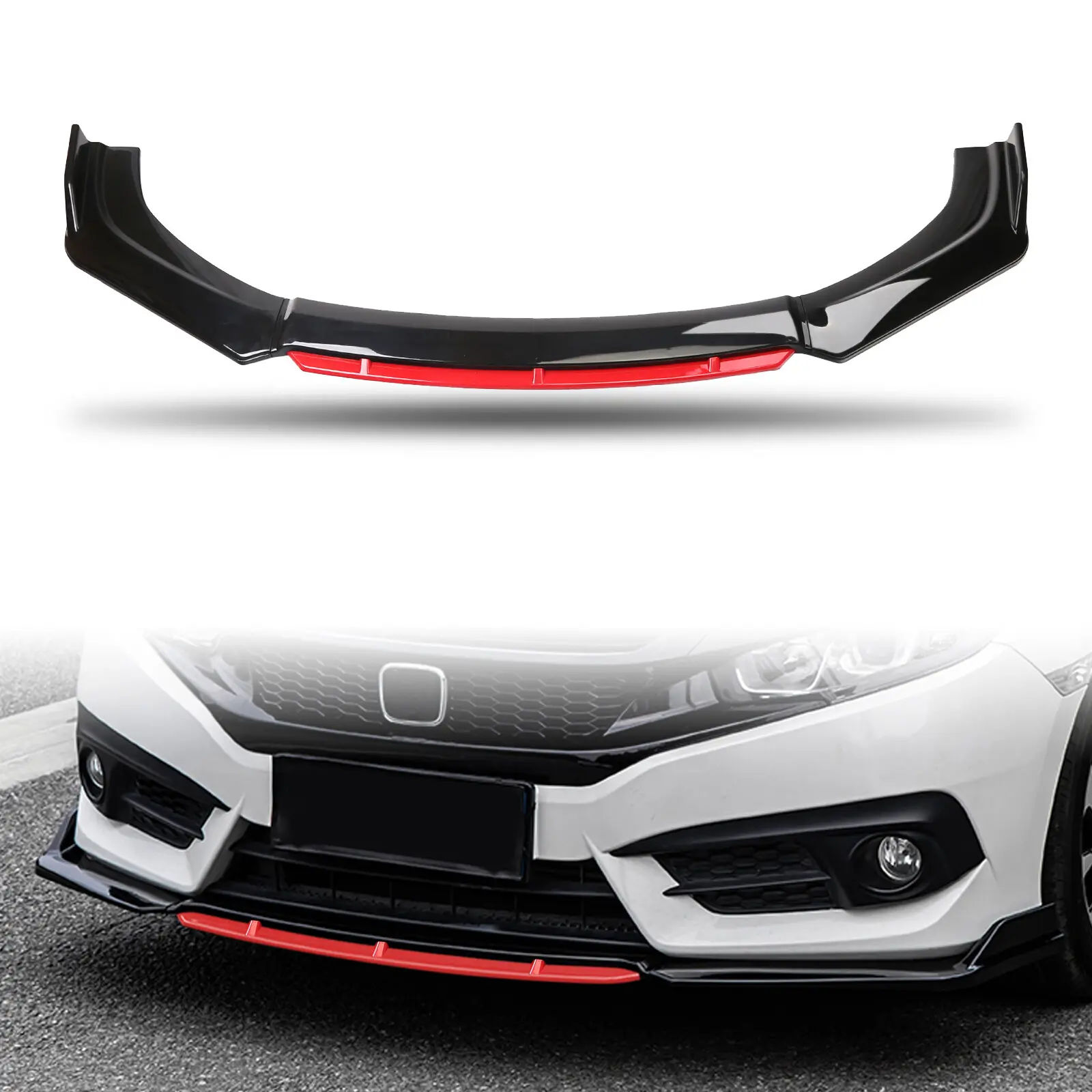 Universal Front Bumper Lip Spoiler, 4PCS PP Front Splitter Kit, 71.25" Wear-Resistant Lower Body Kit for Most Cars, Sedans & SUVs, Sport Style Exterior Upgrade Black & Red