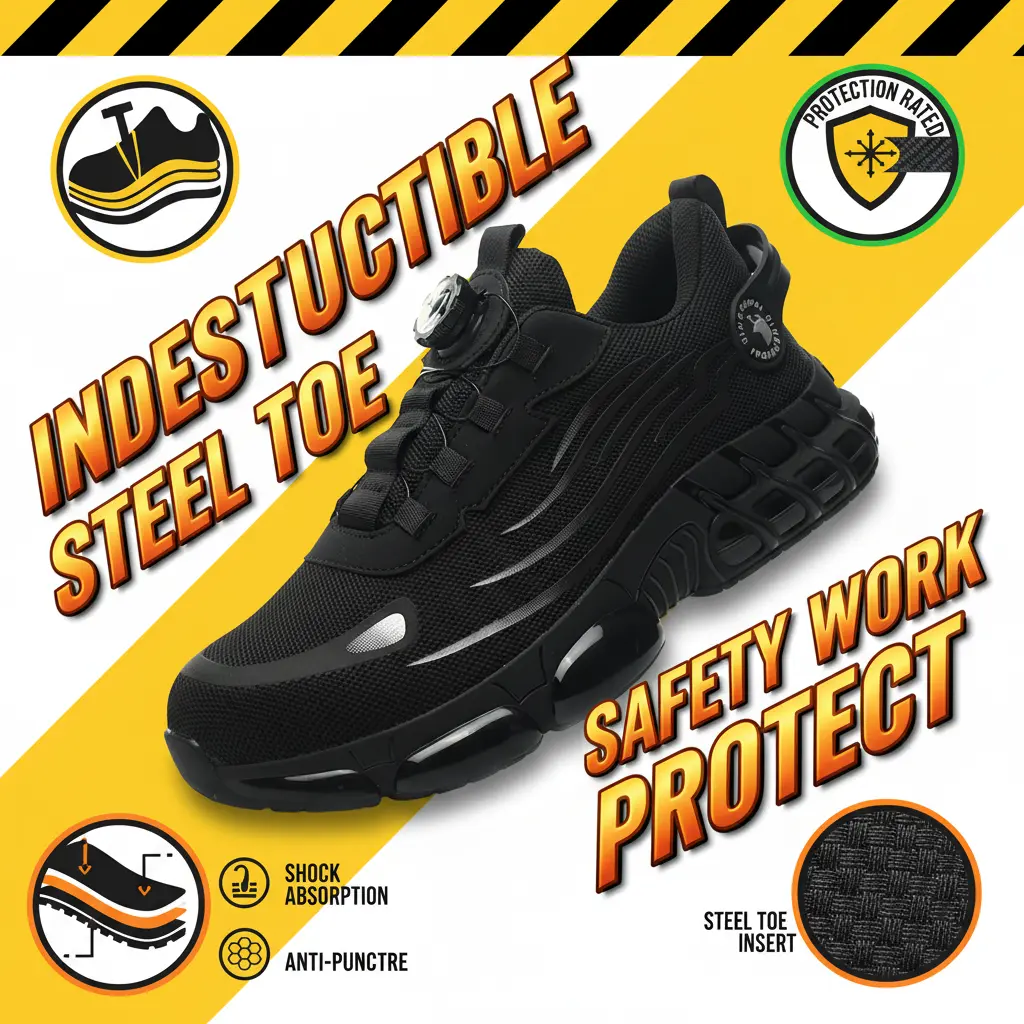 Men's Steel Toe Safety Work Footwear, Breathable Mesh Stylish Walking Shoes, Durable Anti-Slip EVA Sole, Elastic Closure, Striped Design, Comfort Fit, All Seasons Use