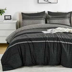 7 count Comforter Set  Size, Dark Grey Black Striped Bed in a Bag Comforter and Sheet Set, Bohemian Soft Lightweight Micorfiber  Set for  Season (90"90")