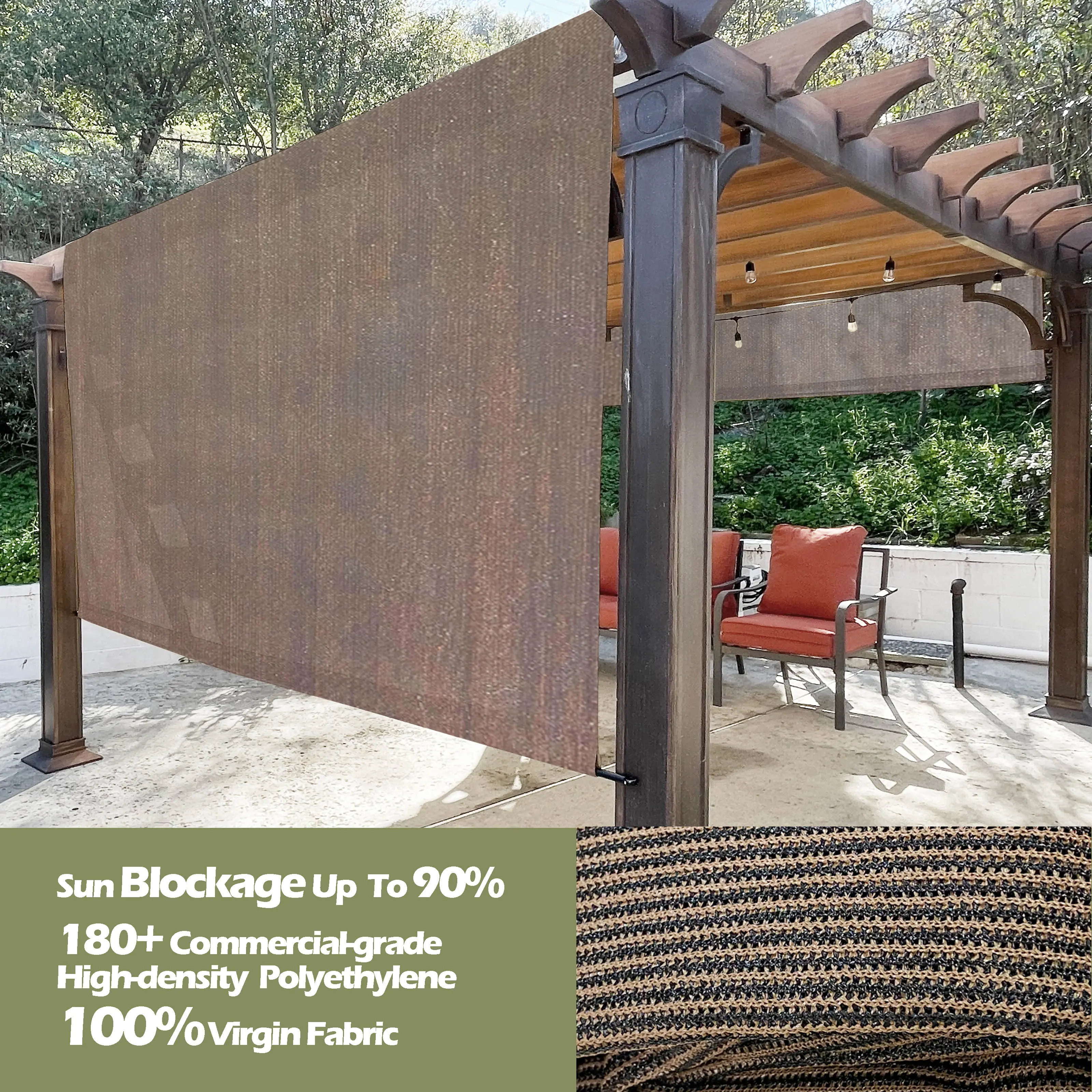 90% UV Block HDPE Permeable Canopy Replacement Pergola Shade Cover with Rod Pockets in Brown Sunshade Canopy