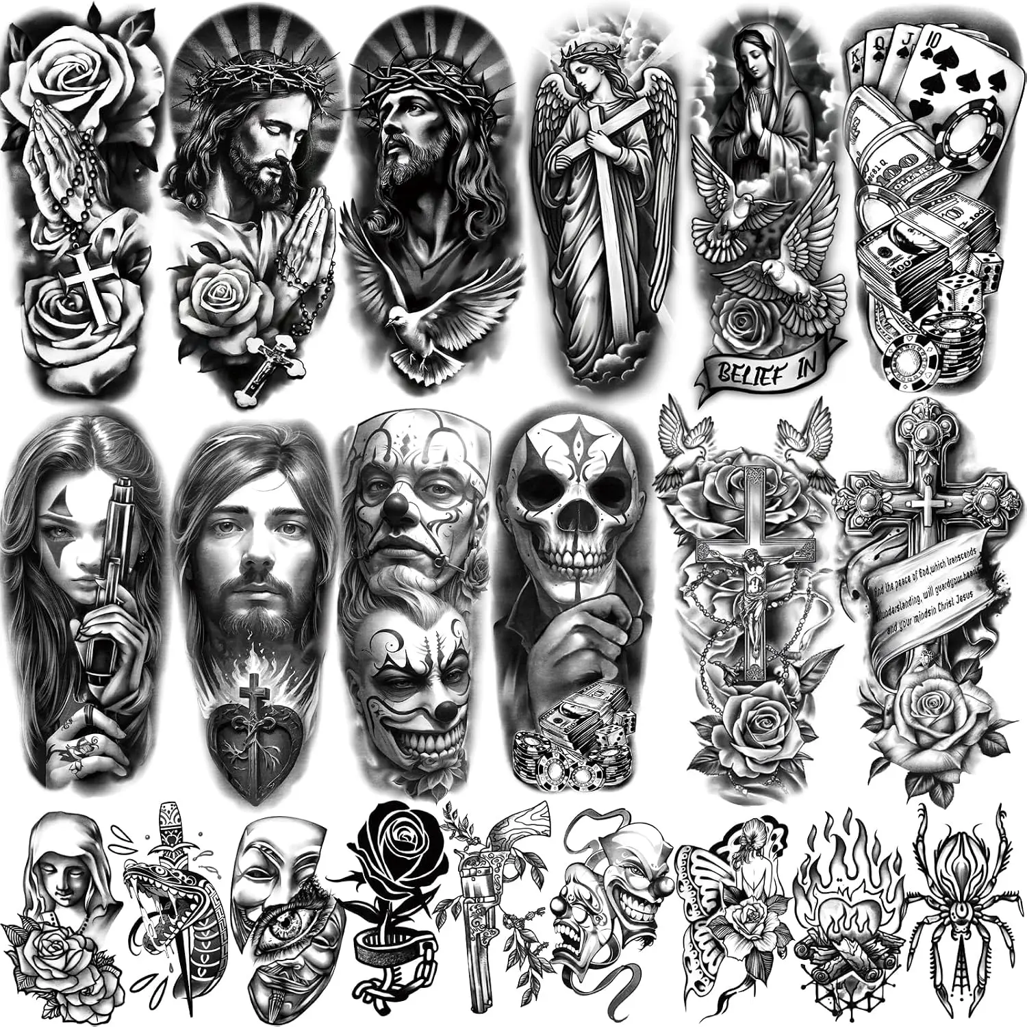 77 Sheets Christian Temporary Tattoo Adult, Religious Jesus Christ Cross Angels God Half Arm Fake Tattoos, Christ Catholic Realistic Tiny Body Temporary Tattoos for Men and Women Kids