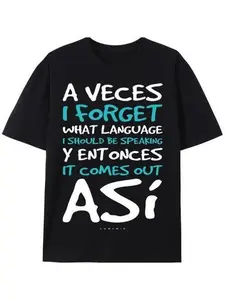 [Breathable Cotton] Funny Spanish Quote T-Shirt - "A Veces I Forget What Language" Men'S Casual Cotton Tee, Black With White & Blue Print, Round Neck, Perfect For Outdoor Activities & Casual Attire classic  rock  tee moon  rocks