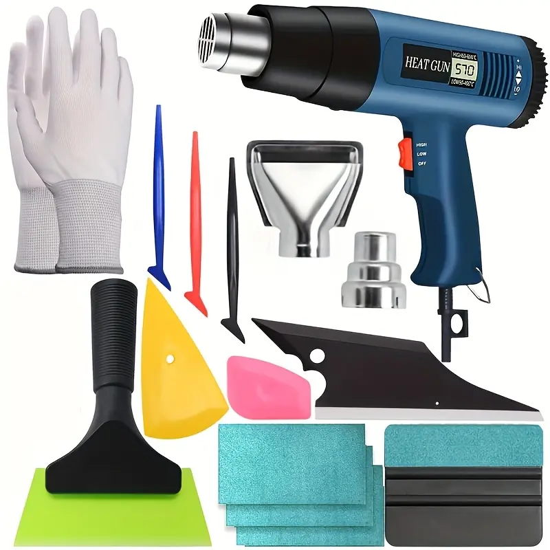 Car Window Tint Kit with Automotive Repair Tools, Vinyl Repair Kit, 110V US Plug LCD Display Heat Gun, Window Tint Glass Wiper Squeegee, Micro Wrap Stick Squeegees, Gloves, Us Plug Heat