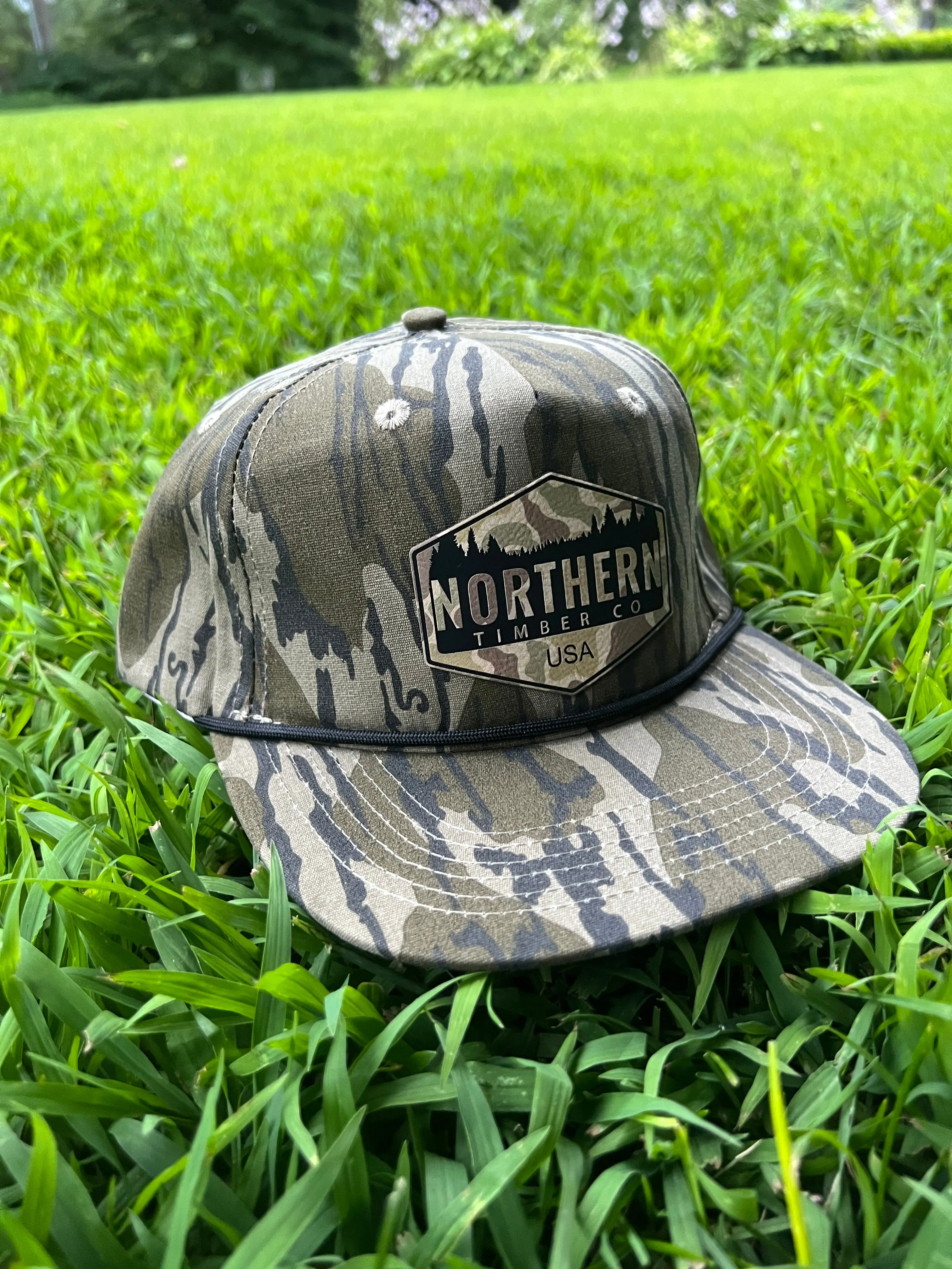 Bottomland Camouflage Snapback Hat with Rope Detail and Patch Emblem, Unisex Adjustable Fashion Headwear for Outdoor Activities