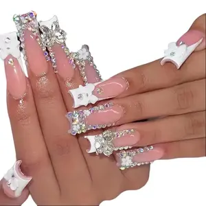 24Pcs Long French Fake Nails with Glue Ballet False Nails Butterfly Rhinestone Design Press on Nails Wearable Coffin Nail Tips Qsezeny
