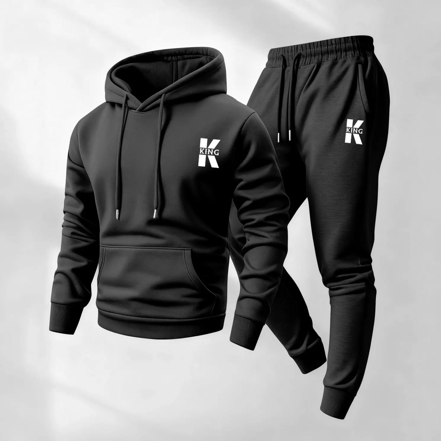 Men's 2-Piece Minimalist King Pattern Print Hoodie & Drawstring Sweatpants Set - Polyester Breathable Activewear, Loose Casual Athletic Gym Wear for Fall Winter Daily Athleisure, Casual Gym Wear