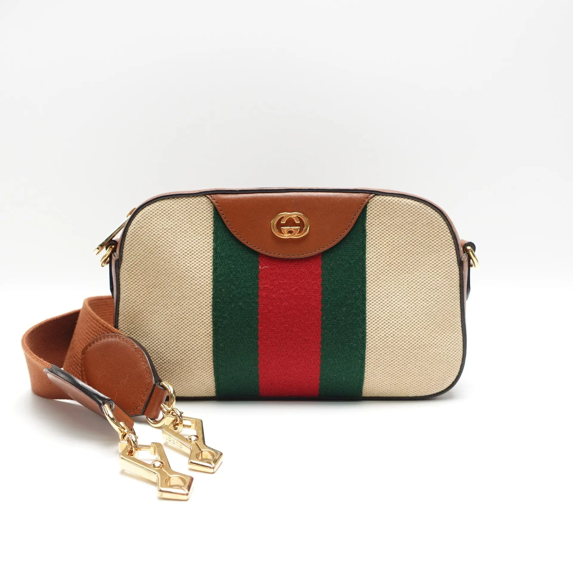 Pre-owned GUCCI canvas and leather trim Crossbody Bag Ophidia Beige Canvas Leather T10434985