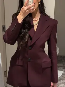 Vintage Wine Classic Collar Blazer Jacket, Elegant Fitted Design, Spring & Fall Fashion, Plain Pattern, Women's Outerwear