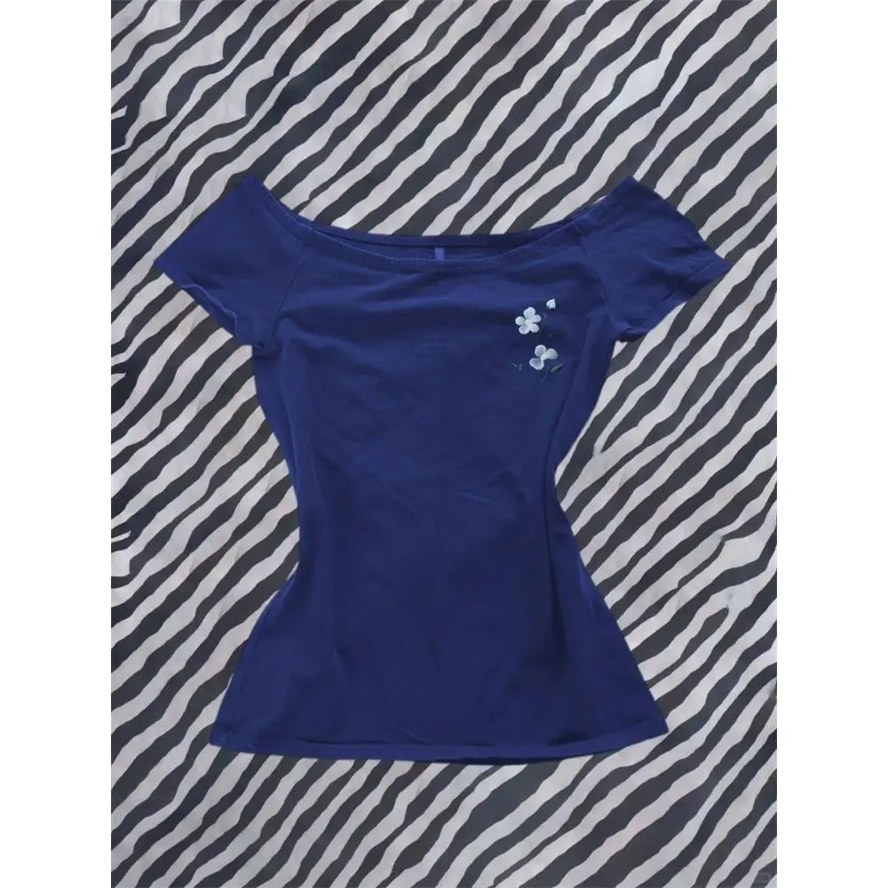 Y2k Elegant V-Neck Short Sleeve T-Shirt Women's Summer Casual 2000s Vintage Tshits Korean Fashion Shoulder Y2k Crop Top Harajuku