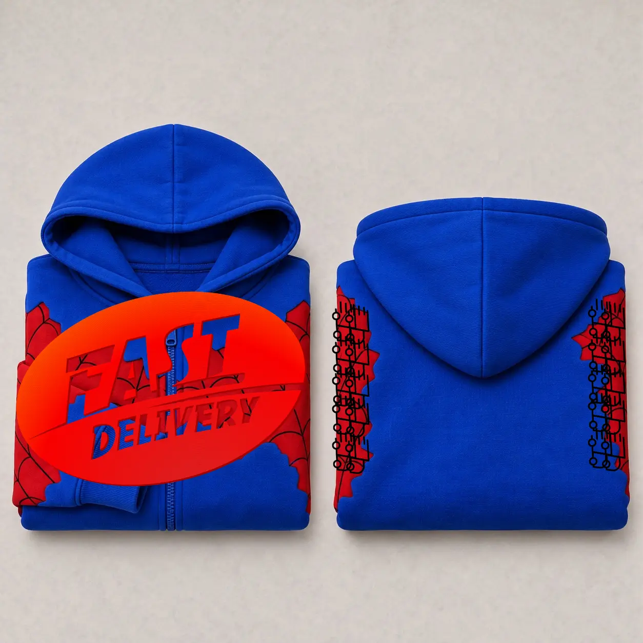 Red Blue Spider Web Ninja Zip-Up Hoodie, Double Hood Face Cover Sweatshirt, Alternative Streetwear, Unisex Full Zip Jacket
