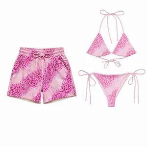 Pink Leopard Matching Couples Swimwear, String Bikini Set with Men’s Swim Shorts Cute Sexy Animal Print Beach Outfit