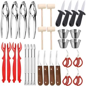 32 PCS Seafood Tools Include Crab Crackers, Seafood Scissors,Oyster Knife, Shrimp Deveiner Tool,Lobster Sheller, Crab Hammer,and Shellfish Forks,Sauce Cups and Nutcracker Set