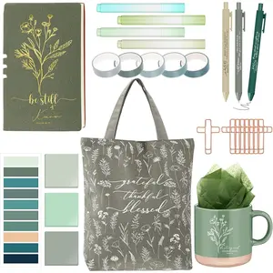 30 count Christian  for Women  Study Supplies for Women Sister in Christ Church Boho  Journaling Kit with Coffee Mug Canvas Bag Notebook Highlighter Pen Sticky Note(Green)