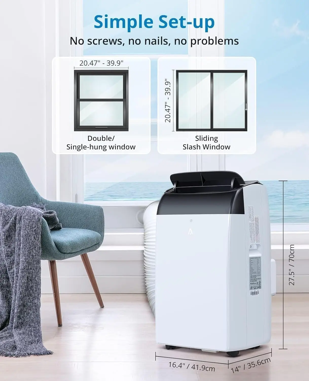 Quiet Portable AC - 12000 BTU Black Top Portable Air Conditioner (53 Decibels) with Remote Control, Self Evaporating, 360-Degree Casters, 3 Modes (Cooling/Fan/Deh) for Rooms Up to 550 Sq Ft
