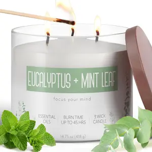 by Candle-lite Scented Candles, Eucalyptus & Mint Leaf Fragrance, One 14.75 oz. Three-Wick Aromatherapy Candle with 45 Hours of Burn Time, Off-White Color