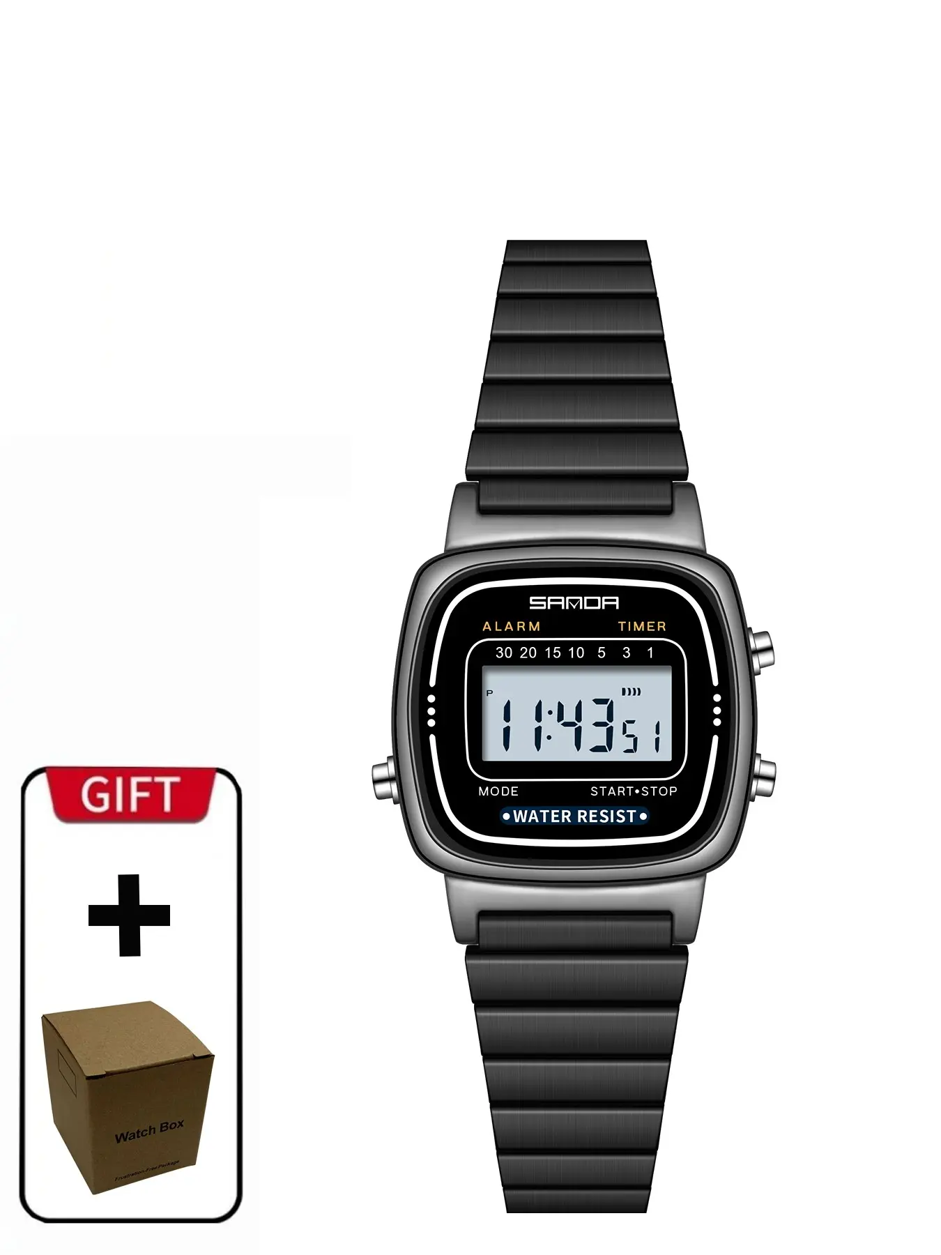 Sanda 6053 Retro Square Vintage Digital Multifunctional Watch for Women, Steel Band Electronic Watch, 30m Waterproof, Alarm Clock, Timer, Student Wristwatch
