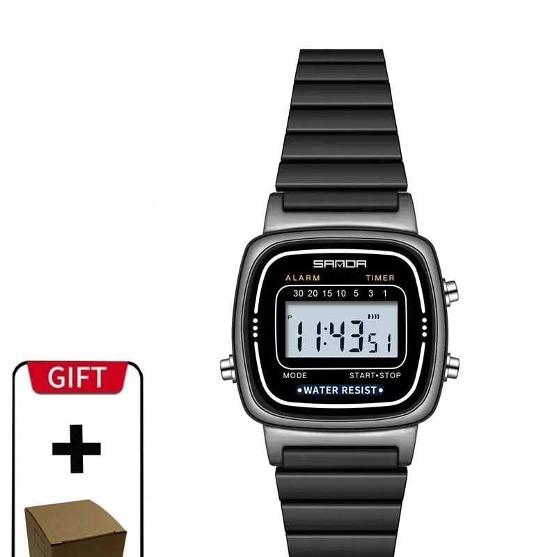 Sanda 6053 Retro Square Vintage Digital Multifunctional Watch for Women, Steel Band Electronic Watch, Fashion Wristwatches, Fashionable Waterproof Wristwatch, 30m Waterproof, Alarm Clock, Timer, Student Wristwatch