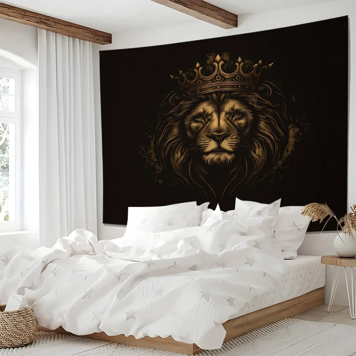Golden Crowned Lion Print Tapestry, Luxury Wall Hanging, Regal King of Jungle Tapestries, Majestic Lion Wall Blanket for Men & Modern Bedroom & Living Room Backdrop Decor Decoration