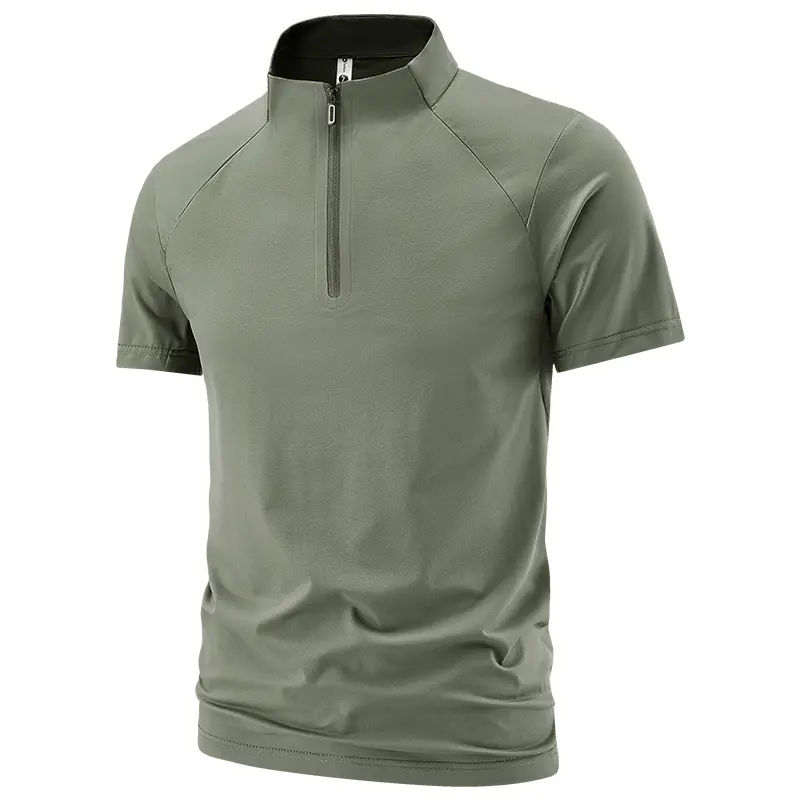 Men's Short Sleeve T-Shirt with Half-Zip Stand Collar, Plain Nylon Blend, Quick-Dry & Breathable for Fitness & Commuting