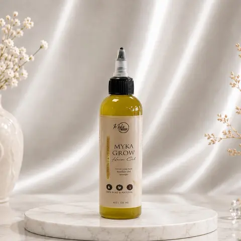 Myka Grow Hair Moisturizing Oil 4oz (120ml) - Lightweight Unisex Adults' Haircare Botanical Blend with Essential Oils (Avocado, Coconut, Olive, Castor), Lentil, Pomegranate - Daily Frizz Control for Any Different Hair Textures, Nourishes Scalp