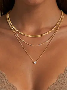 Women's Layered Necklace Set, 14k Plated Pendant with Square Zirconia Circle, Thick Stackable Cuban Chain, Fashion Birthstone Jewelry Gift
