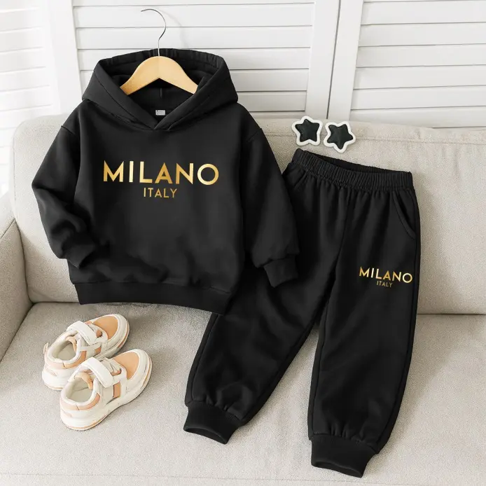 Boys' 2-Piece Thick Fleece-Lined Golden Print Long Sleeve Fitted Hoodie Tracksuit Set, 3-4y(100)/11-12 Years, Fall-Winter Casual Wear for Outdoor Fun Indoor-Outdoor Outfit