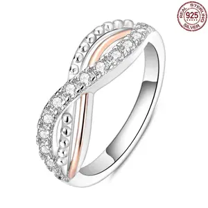 Infinity Loop Twist Ring 925 Sterling Silver Rose Gold Plated Sparkling CZ Cross Rings for Women Eternal Love Aesthetic Jewelry Gift