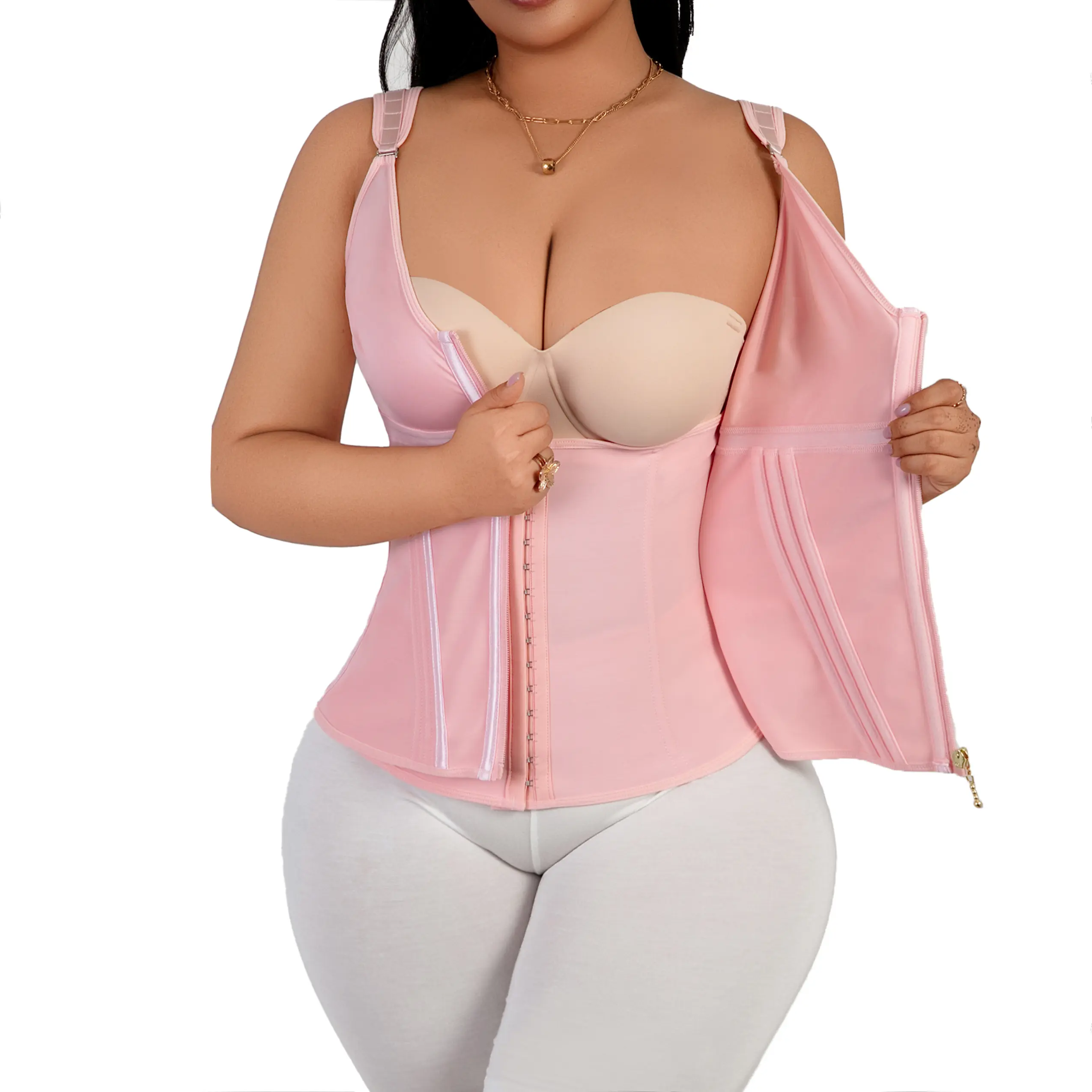 Women's Retro Compression Corset Tank Top with Built-in Bra & Zipper, Minimalist Faja Shapewear for Tummy Control, Plus Size Athletic Workout Vest, Wedding & Family Event Wear, Body Contouring High-Capacity Vest, With Bra