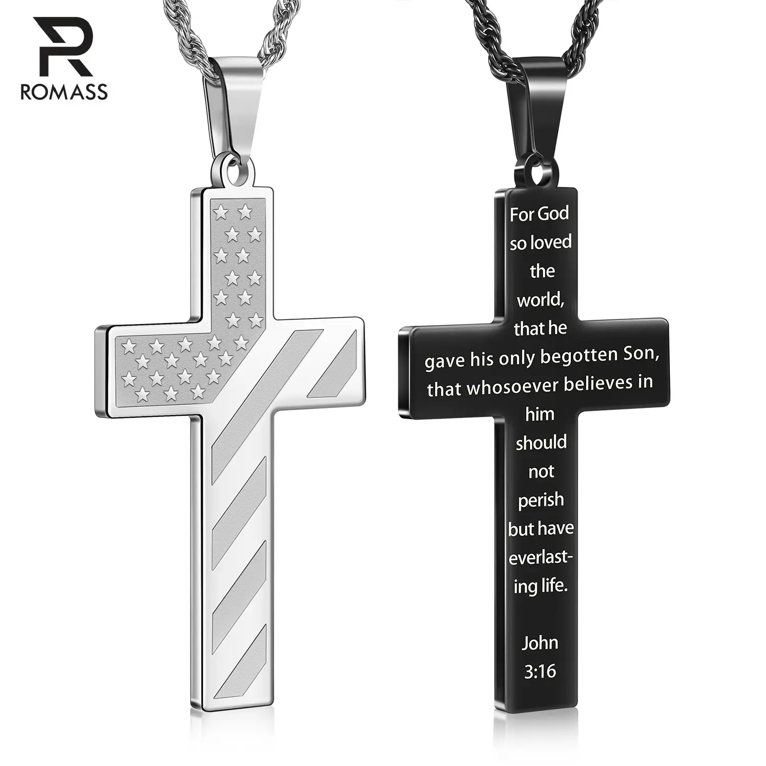 Romass Easter Graduation Gifts 2Pcs Cross Necklace for Men,Silver Black Bible Verse Stainless Steel American Flag Pendant Chain Gifts Jewelry Box