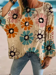 Women's Multicolor Floral Plant Print Long Sleeve Knit Top, Casual Elegant Chic Vacation Style Sweater, Loose Batwing Shoulders, Spring Summer Fall, Lace Knit Design, Knitted Tops