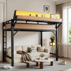ARCH Twin XL Loft Bed Frame - Metal-Built-In Bed Frame with Storage Shelves, Pegboard, USB Ports, LED Lights, Safe Sturdy Natural MDF, Space-Saving for Teens’ Bedrooms/Dorms, No Box Spring Needed, Metal Bed Frames, Built-In Bed Frames
